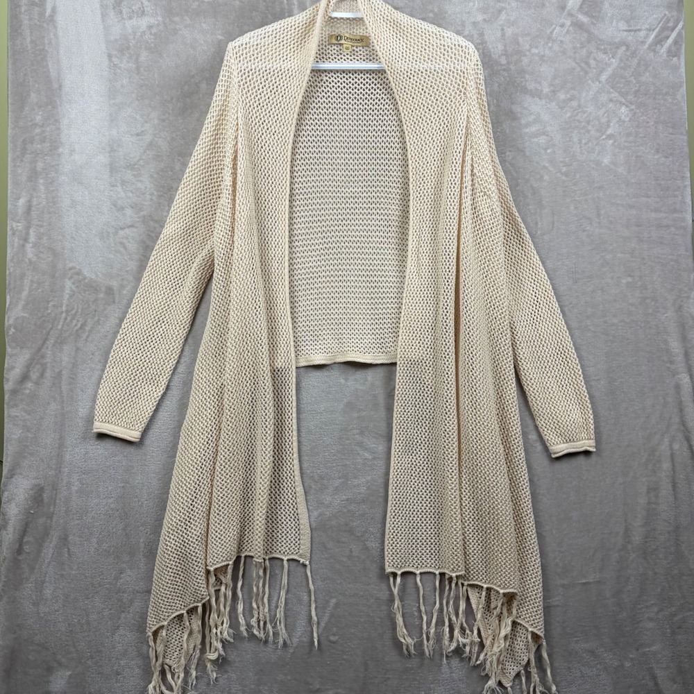 Democracy Cardigan Sweater Cream Mesh‎ Knit Open Front Waterfall Fringe XL